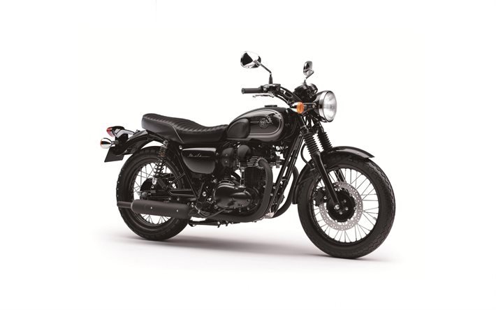 Kawasaki W800 Black Edition, ulkopuoli, moottoripy&#246;r&#228; valkoisella pohjalla, uusi musta W800, japanilaiset moottoripy&#246;r&#228;t, Kawasaki