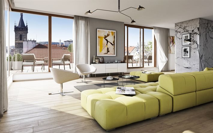 stylish design living room interior, loft style, living room, gray marble on the walls, modern interior design