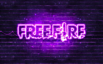 Garena Free Fire violet -logo, 4k, violetti tiiliseinä, Free Fire -logo, 2020-pelit, Free Fire, Garena Free Fire -logo, Free Fire -taistelukentät, Garena Free Fire