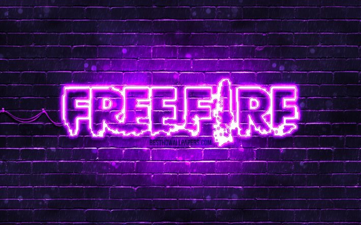Logo viola Garena Free Fire, 4k, brickwall viola, logo Free Fire, giochi 2020, Free Fire, logo Garena Free Fire, Free Fire Battlegrounds, Garena Free Fire