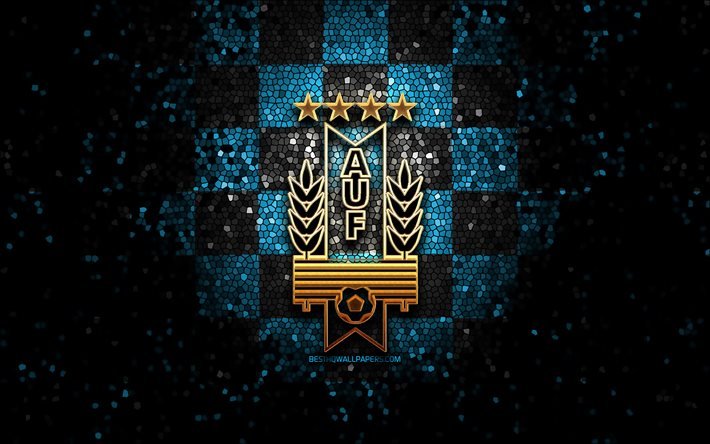 Uruguays fotbollslag, glitterlogotyp, Conmebol, Sydamerika, bl&#229; svart rutig bakgrund, mosaikkonst, fotboll, Uruguays fotbollslandslag, AUF-logotyp, Uruguay