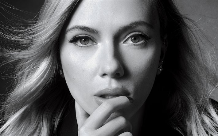 Scarlett Johansson, american actress, portrait, monochrome, photoshoot, beautiful woman