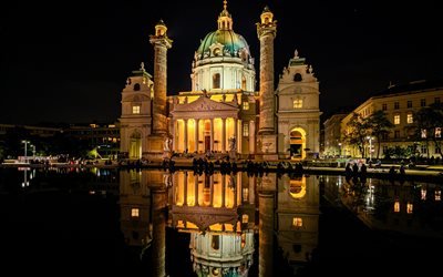 Karlskirche, Vienna, Roman Catholic, night, fountain, Saint Charles Church, Vienna landmark, Austria