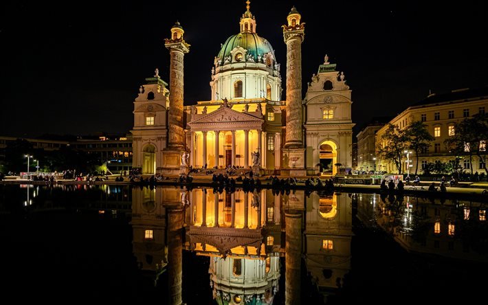 Karlskirche, Vienne, catholique romaine, nuit, fontaine, &#233;glise Saint Charles, monument de Vienne, Autriche