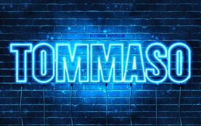 Tommaso, 4k, fonds d&#39;&#233;cran avec des noms, nom de Tommaso, n&#233;ons bleus, joyeux anniversaire Tommaso, noms masculins italiens populaires, photo avec le nom de Tommaso