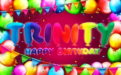 Joyeux anniversaire Trinity, 4k, cadre ballon coloré, nom de la Trinité, fond violet, joyeux anniversaire de la Trinité, anniversaire de la Trinité, noms féminins américains populaires, concept d&#39;anniversaire, Trinity