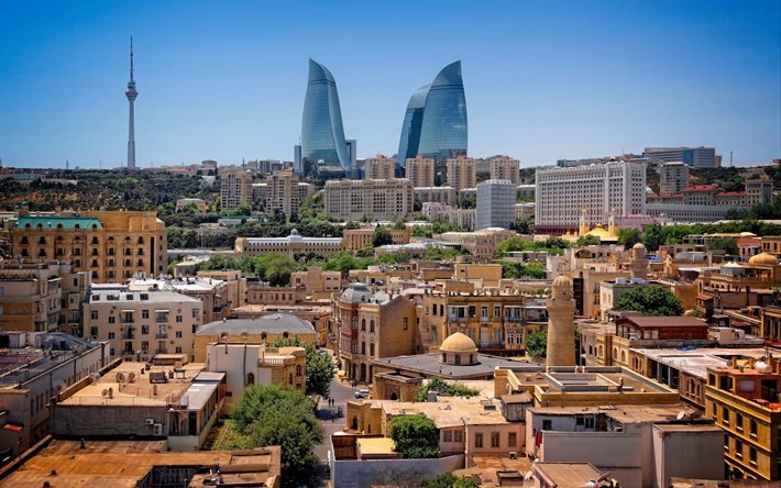 Bak&#252;, alev kuleleri, g&#246;kdelenler, panorama, modern binalar, şehir manzarası, Azerbaycan