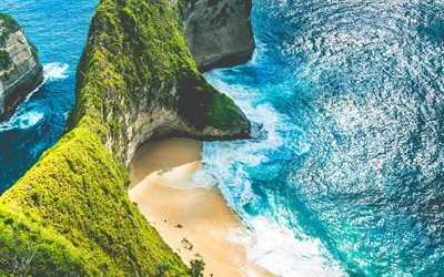 Bali, rocks, ocean, beautiful bay, summer, aerial view, sea, waves, tropical islands