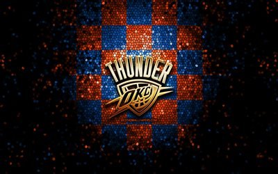 Oklahoma City Thunder, glitter logo, NBA, orange blue checkered background, USA, american basketball team, Oklahoma City Thunder logo, OKC logo, mosaic art, basketball, OKC