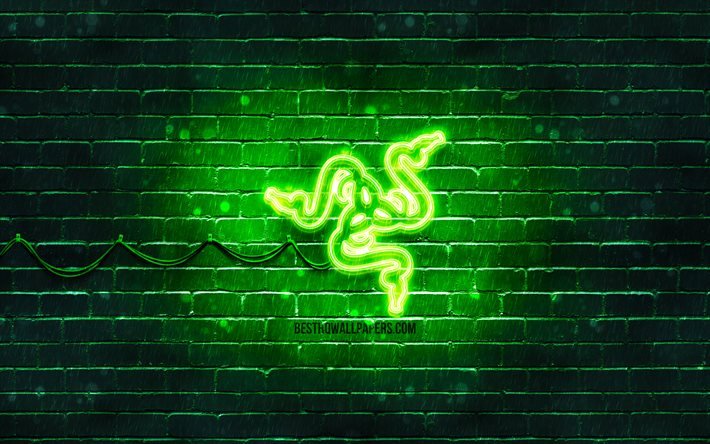 Razer yeşil logosu, 4k, yeşil tuğla duvar, Razer logosu, markalar, Razer neon logosu, Razer