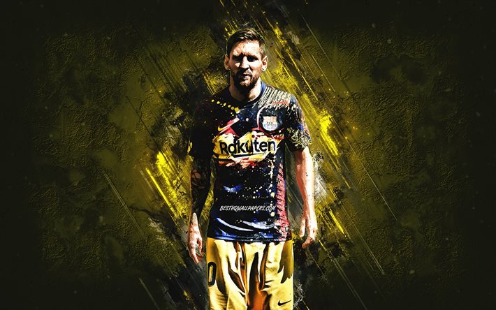Lionel Messi, FC Barcelone, footballeur argentin, uniforme de Barcelone 2021, art cr&#233;atif, fond de pierre jaune, football, La Liga, Espagne