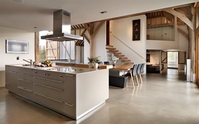 modern kitchen interior, stylish interior design, light stylish kitchen furniture, kitchen dining room projects, country house