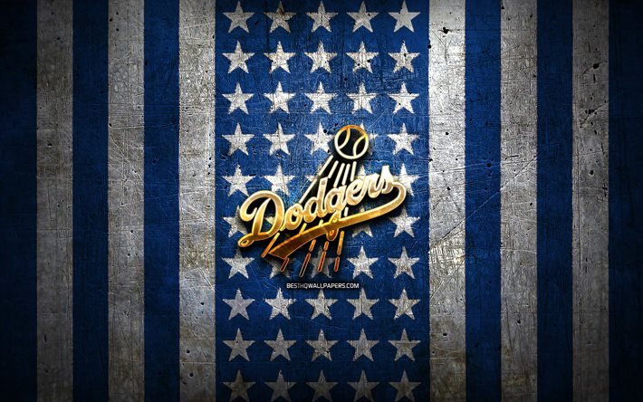 Download wallpapers Los Angeles Dodgers flag, MLB, blue white metal