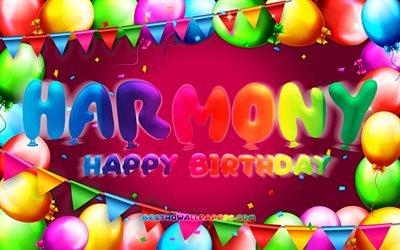 Joyeux anniversaire Harmony, 4k, cadre ballon coloré, nom Harmony, fond violet, Harmony Happy Birthday, Harmony Birthday, noms féminins américains populaires, concept d&#39;anniversaire, Harmony