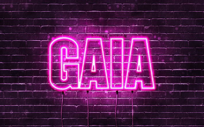 Gaia, 4k, pap&#233;is de parede com nomes, nomes femininos, nome Gaia, luzes de n&#233;on roxas, Feliz Anivers&#225;rio Gaia, nomes femininos italianos populares, imagem com o nome Gaia