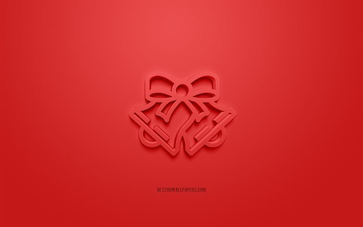 weihnachtsglocken-3d-symbol, roter hintergrund, 3d-symbole, weihnachtsglocken, weihnachtsglockenzeichen, weihnachts-3d-symbole