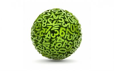 3d bola verde, fundo branco, bola 3d de n&#250;meros, conceitos de n&#250;meros, matem&#225;tica