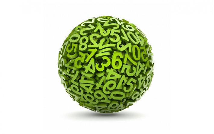 3d green ball, white background, 3d ball of numbers, numbers concepts, mathematics