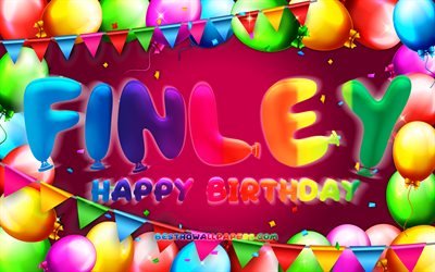 Happy Birthday Finley, 4k, cadre ballon color&#233;, nom Finley, fond violet, Finley Happy Birthday, Finley Anniversaire, noms f&#233;minins am&#233;ricains populaires, concept d’anniversaire, Finley