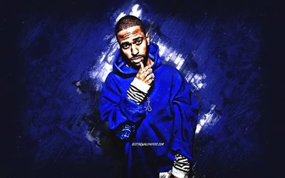 Big Sean, american rapper, Sean Michael Leonard Anderson, portrait, blue stone background, creative art