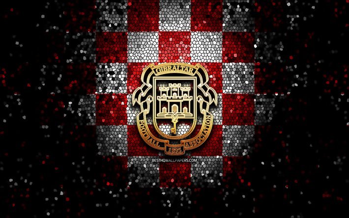 Gibraltar football team, glitter logo, UEFA, Europe, red white checkered background, mosaic art, soccer, Gibraltar National Football Team, GBA logo, football, Gibraltar