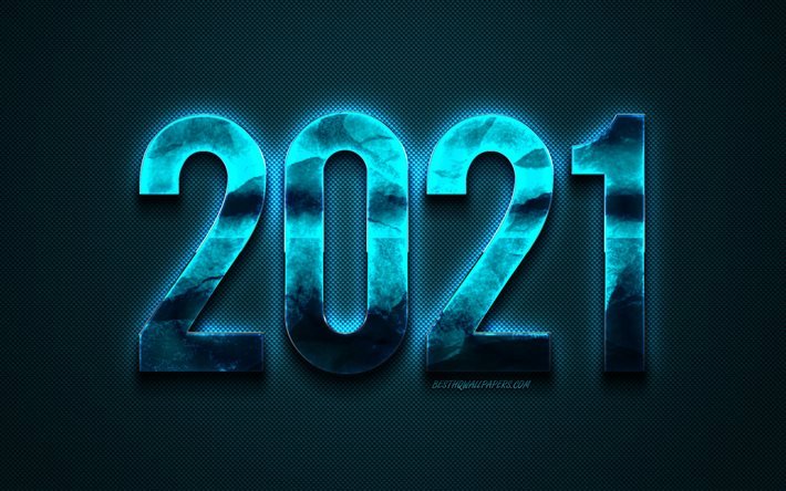 Happy New Year 2021, Mavi 2021 arka plan, mavi metal harfler, karbon doku, 2021 kavramlar, 2021 Yeni Yıl