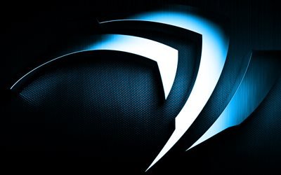 Mavi NVIDIA logosu, 3d sanat, Mavi metal NVIDIA logosu, NVIDIA 3d amblemi, yaratıcı sanat, mavi NVIDIA arka plan