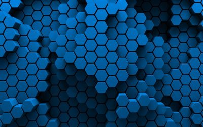 blue hexagons, 4k, 3D art, creative, honeycomb, hexagons patterns, blue hexagons background, hexagons textures, blue backgrounds, hexagons texture