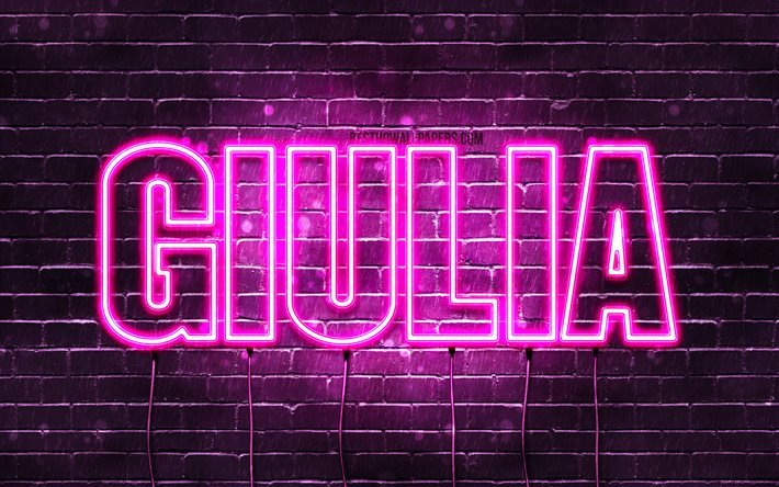 Giulia, 4k, bakgrundsbilder med namn, kvinnliga namn, Giulia namn, lila neonljus, Grattis p&#229; f&#246;delsedagen Giulia, popul&#228;ra italienska kvinnliga namn, bild med Giulia namn