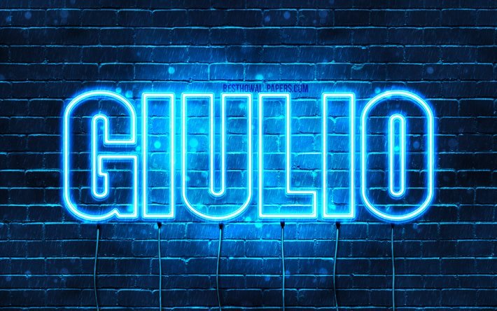 Giulio, 4k, bakgrundsbilder med namn, Giulio namn, bl&#229; neonljus, Grattis p&#229; f&#246;delsedagen Giulio, popul&#228;ra italienska manliga namn, bild med Giulio namn
