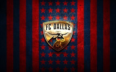 FC Dallas flag, MLS, red blue metal background, american soccer club, FC Dallas logo, USA, soccer, FC Dallas, golden logo