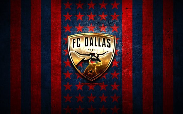 FCダラス旗, MLS 番号, 赤い青の金属の背景, アメリカのサッカークラブ, FCダラスのロゴ, アメリカ, サッカー, FCダラス, 黄金のロゴ