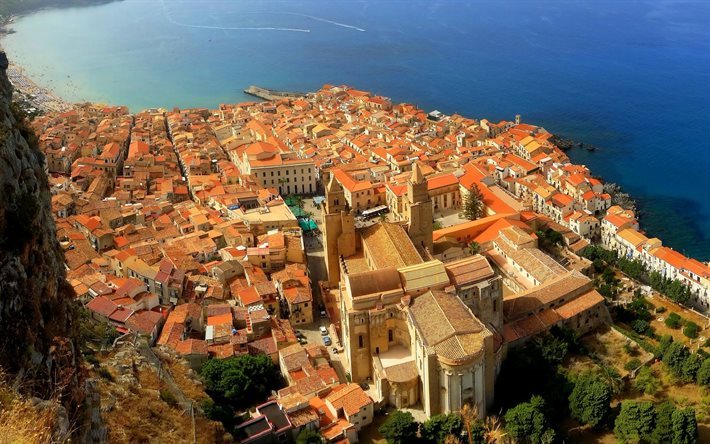 Cefalu, mar, verano, panorama, Sicilia, Italia