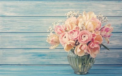 rosa bl&#252;ten, ranunculus, bouquet von blumen, vase mit blumen