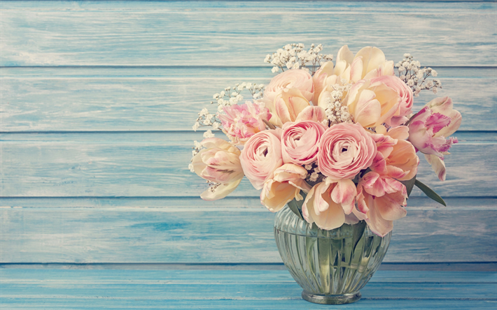 fiori rosa, Ranunculus, bouquet di fiori, vaso di fiori