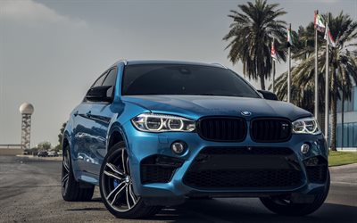 BMW X6M, F86, chemin de c&#226;bles, en 2017, voitures, bleu X6M, tuning, BMW