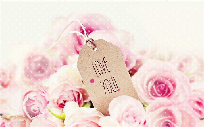 Rakastan Sinua, vaaleanpunaisia ruusuja, kimppu kukkia, paperi-tarra, Yst&#228;v&#228;np&#228;iv&#228;