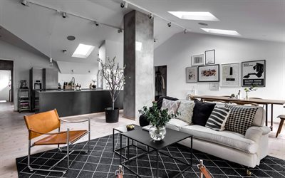 living room, gray modern interior, modern design, kitchen, interior without walls