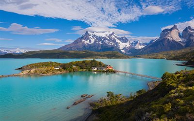 Torres del Paine, blue lake, mountains, Patagonia, Chile