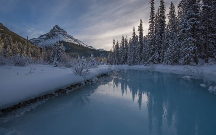 Silverhorn Creek, inverno, montagna, paesaggio, tramonto, fiume, ghiaccio, Alberta, Parco Nazionale di Banff, Canada