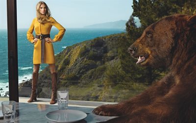 Cara Delevingne, la Brit&#225;nica top model, vestida de amarillo, sesi&#243;n de fotos con el oso, hermosa mujer