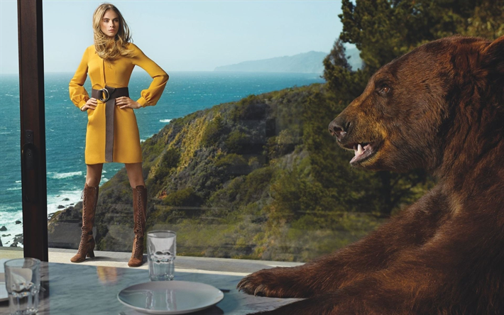 Cara Delevingne, British top model, yellow dress, photoshoot with bear, beautiful woman