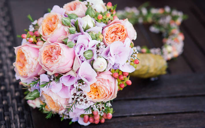 結婚式の花束, ピンク色のバラ, 美しい花, 嫁と花束, 結婚式の概念