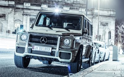 4k, Mercedes-AMG G63, Gelendvagen, 2017 cars, SUVs, Dubai, tuning, silver Gelendvagen, street, G63, Mercedes