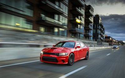 Dodge Charger SRT Hellcat, motion blur, 2018 autoja, street, tie, uusi Laturi, Dodge