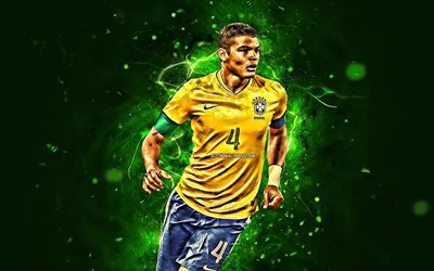 Thiago Silva, close-up, Brazil National Team, abstract art, football, soccer, Thiago Emiliano da Silva, neon lights, Brazilian football team