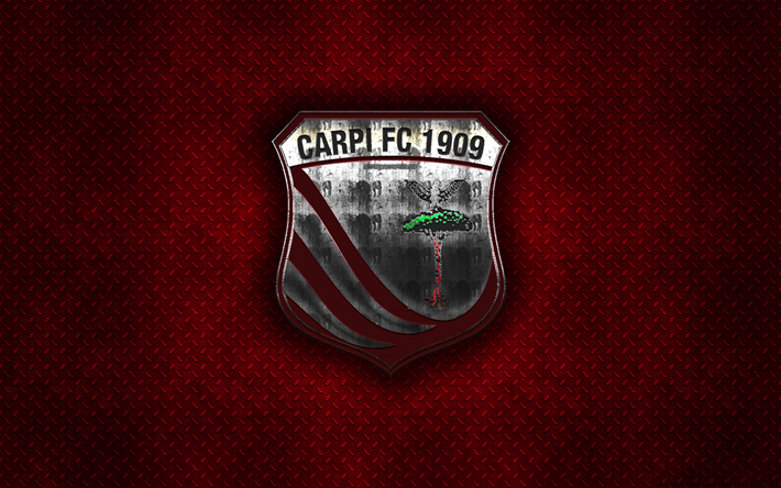 Carpi FC 1909, italien, club de football, rouge m&#233;tal, texture, en m&#233;tal, logo, embl&#232;me, Carpi, Italie, Serie B, art cr&#233;atif, de football, de