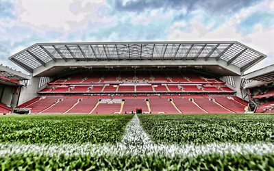 Liverpool estadio de Anfield, estadio vac&#237;o, Inglaterra, HDR, f&#250;tbol, Liverpool, estadios de f&#250;tbol, Anfield Road, Liverpool FC