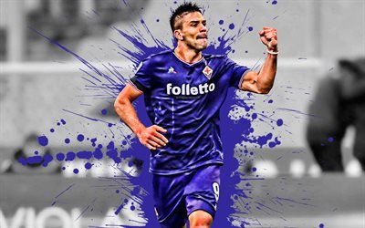 Giovanni Simeone, 4k, Argentinian football player, ACF Fiorentina, striker, purple paint splashes, creative art, Serie A, Italy, football, grunge, Fiorentina