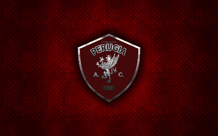 AC Perugia Calcio, Italiano de futebol do clube, vermelho textura do metal, logotipo do metal, emblema, Perugia, It&#225;lia, Serie B, arte criativa, futebol